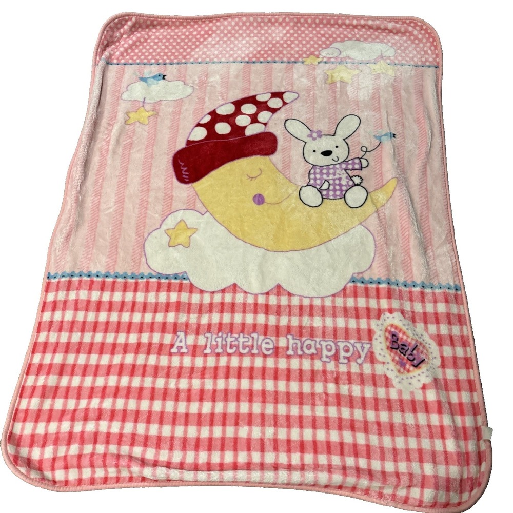 Pink Soft Plush Mink Baby Blanket Bunny Rabbit on Moon Stars Large Happy Baby